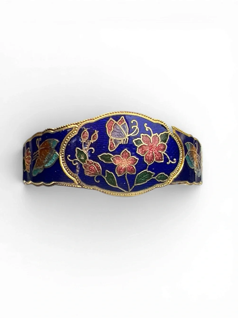 Vintage Cloisonne Butterfly Floral Gold Tone Hinged‎ Bracelet Enamel Bangle